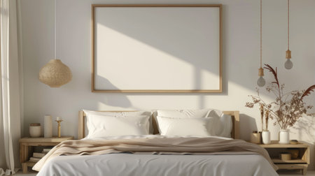 Frame mockup picture on white wall in bedroom, detail of modern room interior with blank poster, bed, linen and pillows. Concept of Scandinavian home design, sunlight, mock up. Generative AI.の素材