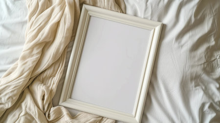 Frame mockup picture lying on bed in minimalist room, top view, detail of bedroom interior with white blank poster, linen and sheet. Concept of home design, eco. Generative AI.の素材