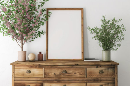 Frame mockup picture on vintage dresser against white wall in minimalist room, detail of Scandinavian interior with blank poster, plants and gray chest of drawers. Concept of home design, eco. Generative AI.の素材
