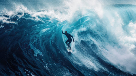 Surfer rides big ocean wave, man surfs in sea, view of person sliding in water barrel. Concept of sport, travel, extreme, fun, people, vacation, beach and summer. Generative AIの素材