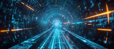 Digital tunnel in cyberspace or futuristic corridor, abstract texture background. Perspective view of tech space with cyber data. Concept of technology, future, network, security, art. Generative AI.の素材