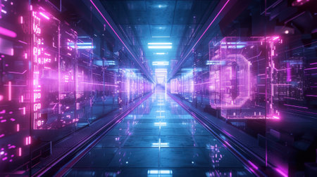 Digital tunnel in cyberspace or futuristic data center, abstract background. Perspective view of tech space with neon cyber database. Concept of technology, future, network, security, speed. Generative AI.の素材
