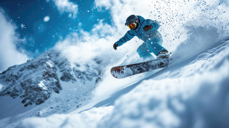 Snowboarder going down ski slope in mountain on sky background, man in mask rides snowboard spraying snow in winter. Concept of sport, extreme, speed, downhill, jump, splash and travel. Generative AIの素材
