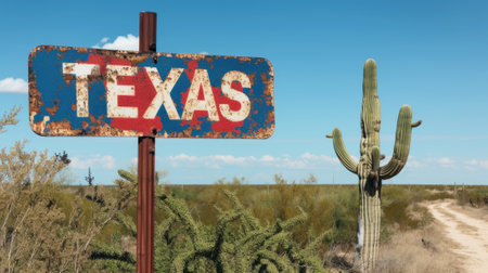 Texas road sign at state border, view of vintage rusty signpost on blue sky background, cactus in desert. Concept of travel, nature, welcome, landscape, USA and America. Generative AIの素材