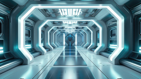 Hallway in futuristic spaceship, room interior of starship or space station. Inside corridor of spacecraft with bright led light. Concept of technology, future, sci-fi, perspective view. Generative AIの素材