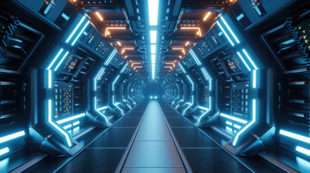 Corridor in futuristic spaceship, interior of starship or space station. Inside long room of spacecraft with led light, computer terminals, control panels. Concept of technology, future, sci-fi. Generative AIの素材