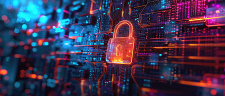 Cyber space background, glowing red-hot digital lock in abstract dark data surface like circuit board, protection of information. Concept of technology, privacy, secure, network, safety, neon. Generative AI.の素材