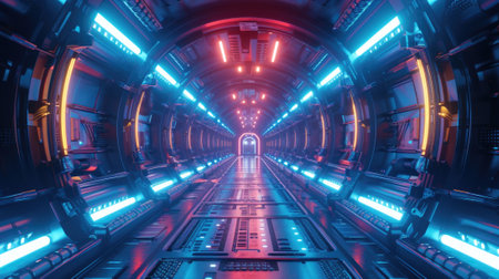 Futuristic spaceship corridor interior, perspective view of dark room or hallway in starship. Inside blue hall of space station with neon light. Concept of technology, future, skifi. Generative AIの素材