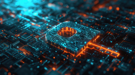 Cyber space background, digital lock key in abstract data space like computer circuit board, protection of information. Concept of technology, cybersecurity, privacy, secure, network, art. Generative AI.の素材