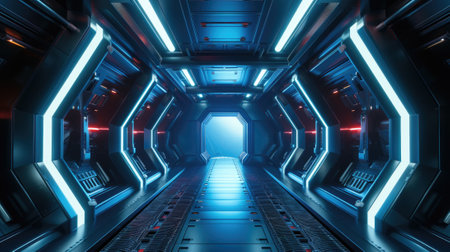 Futuristic corridor in spaceship, interior of starship or space station. Inside dark room of spacecraft with led light, computer terminals, control panels. Concept of technology, future, sci-fi. Generative AIの素材