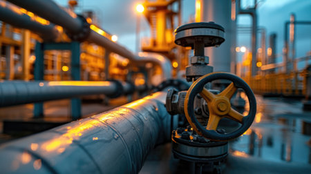 Pipeline of refinery plant and valve at night, scenery of gas or oil pipes of petrochemical factory. Evening view of tube lines and lighting. Concept of energy, industry, power and crude. Generative AIの素材
