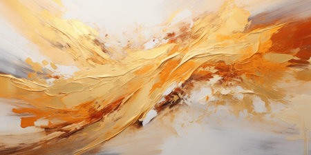 Yellow orange oil paint background, texture of rough paintbrush strokes on white canvas, abstract pattern of gold color. Theme of art, brush, pastel, vintage, stain, template, wallpaper. Generative AI.の素材