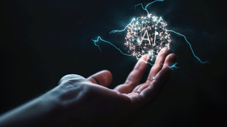 AI on human hand, abstract glowing sphere of artificial intelligence with lightning on black background. Futuristic technology and future. Concept of data, tech, innovation and computer. Generative AIの素材