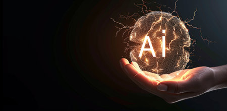 AI on human hand, abstract glowing sphere of artificial intelligence like brain isolated on black background. Futuristic technology and future. Concept of data, tech, innovation and computer. Generative AIの素材