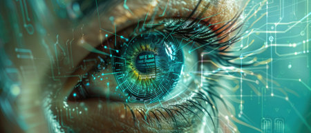 Human eye with cyborg vision using cyber data, abstract digital information background, banner with network security theme. Concept of ai, technology, spy, hacker, hack, fraud, art. Generative AI.の素材