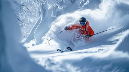 Skier in red clothes moves at mountain slope spraying snow powder, man in mask skiing downhill in winter. Concept of sport, powder, splash, extreme, speed, spray, travel, resort. Generative AIの素材