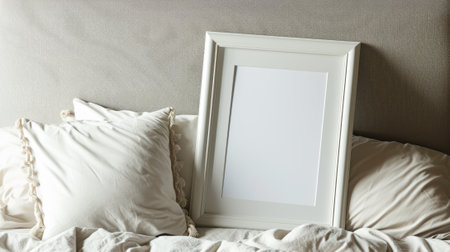 White frame mockup picture on bed close-up, detail of room interior with blank poster and pillows. Concept of home design, bedroom, linen, mock up. Generative AI.の素材