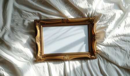 Elegant vintage frame mockup picture on bed close-up, detail of room interior with white blank poster, top view. Concept of home design, bedroom, linen, retro, mock up. Generative AI.の素材