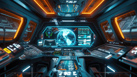Spaceship cabin interior, futuristic cockpit with computers and control panels in spacecraft. Inside command room with modern dashboard. Concept of space station, interface, technology. Generative AIの素材