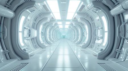 Spaceship or space station interior background, white corridor in large starship. Perspective inside light hallway of big futuristic spacecraft. Concept of technology, future, ski-fi room. Generative AIの素材