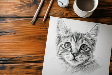 Pencil drawing cute kitten on paper sheet, photorealistic portrait of cat, illustration. Painted pet face on white background. Concept of design, art, animal, wood table, nature, sketch. Generative AI.の素材