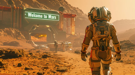 Astronaut walks down road to Mars base with Welcome sign, spaceman overlooking Martian landscape. Concept of sci-fi, technology, science, space travel, future, mission. Generative AIの素材