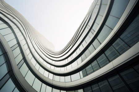 Modern building with wavy futuristic design, low angle view of abstract curve lines and sky. Geometric facade with glass and steel. Concept of architecture exterior, business, shape, office. Generative AI.の素材