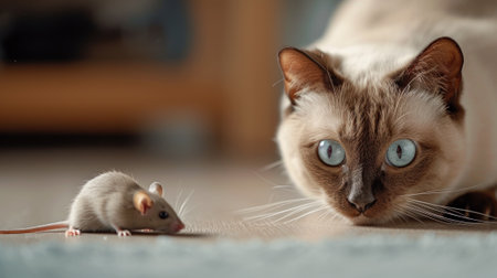 Siamese cat hunting to mouse at home, domestic young kitty face before pounce, portrait of happy pet playing with food in house. Concept of attack, funny animal close-up, purebred. Generative AIの素材