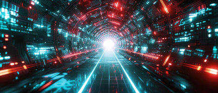 Futuristic tunnel with digital data, abstract tech background. Perspective view of cyber space, dark virtual corridor with neon light. Concept of technology, future, AI network, banner. Generative AIの素材