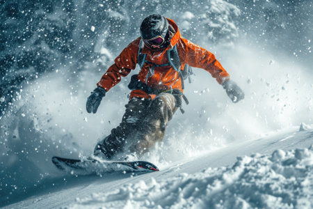 Snowboarder moves on ski slope spraying snow on winter background, person in mask rides snowboard on piste. Concept of sport, extreme, speed, downhill, splash and travel. Generative AIの素材
