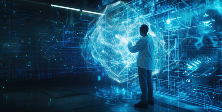 Engineer works with 3d model of artificial intelligence in dark lab. Futuristic digital dashboard and AI technology in the future. Concept of data, cyber tech, innovation, research, interface. Generative AIの素材
