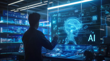 Engineer works with artificial intelligence control panel in dark room. Futuristic digital dashboard and AI technology in the future. Concept of data, cyber tech, innovation, research, interface. Generative AIの素材