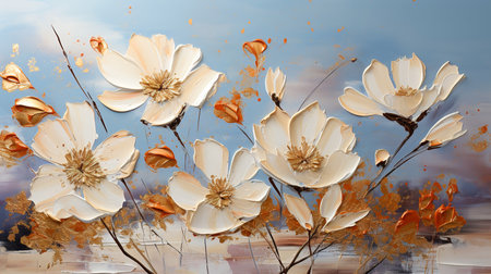 Oil painting with white flowers and rough brush strokes texture, plants on pastel blue canvas background. Theme of art, paintbrush, nature, summer, design, illustration and wallpaper. Generative AI.の素材