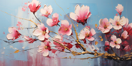 Cherry pink flowers with rough brush strokes, oil painting texture background, wild plants on blue canvas. Theme of art, paintbrush, nature, summer, spring, design and wallpaper. Generative AI.の素材