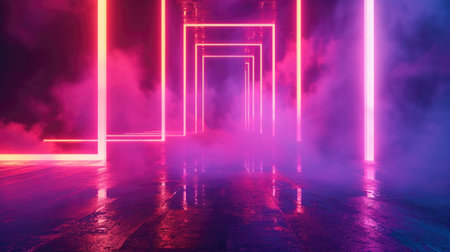 Neon stage background, empty futuristic dark room with red lighting and smoke, interior of abstract modern hall or garage. Concept of game, future, studio, technology, scene, industry. Generative AI.の素材