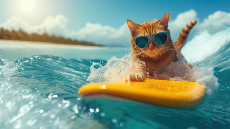Cat surfer rides sea wave, cool ginger pet in sunglasses surfs in ocean, face of funny animal sliding on blue water. Concept of sport, travel, vacation, beach, resort and summer. Generative AIの素材
