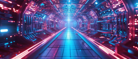 Futuristic tunnel with computer control panels, abstract tech space background. Perspective of dark corridor with neon lights. Concept of cyber technology, future, AI network, digital data. Generative AIの素材