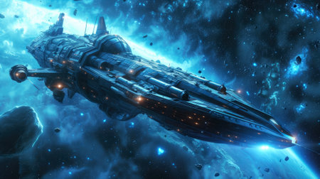 Futuristic spaceship in deep space, alien starship flying near planet during storm. Interstellar ship on dark background. Concept of travel, spacecraft, technology, science, sci-fi and fantasy. Generative AIの素材