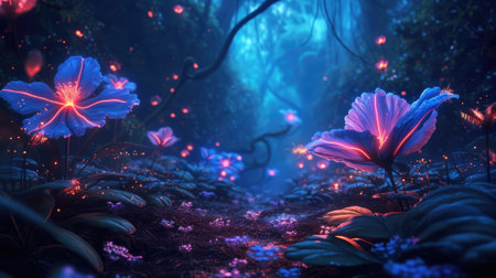 Fantasy fairy tale forest at night, beautiful luminous flowers and path in dark fairytale woods. Glowing plants and magical lights in wonderland. Concept of neon, nature, mystery. Generative AIの素材