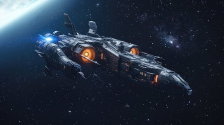 Futuristic spacecraft in deep space, alien starship flying on stars background. Interstellar spaceship near planet in dark. Concept of travel, ship, technology, science, sci-fi and fantasy. Generative AIの素材