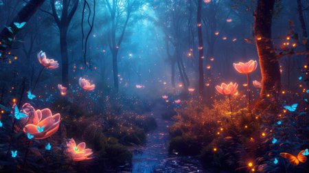 Fantasy fairy tale forest at night, beautiful luminous flowers and stream in dark fairytale woods. Glowing plants and magical lights in wonderland. Concept of nature, swamp, mystery. Generative AIの素材