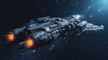Futuristic spacecraft in deep space, rear view of alien spaceship flying on stars background, interstellar ship with running engines. Concept of starship, travel, technology, science and fantasy. Generative AIの素材