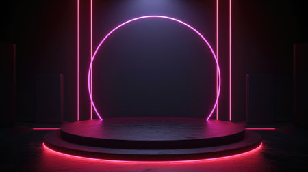 Neon stage background, empty futuristic podium with led lighting, interior of abstract modern dark room to show product. Concept of studio, display, stand, future, platform, hall. Generative AI.の素材