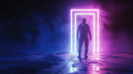 Astronaut stands at interstellar portal in space, futuristic time traveler on dark background. Person walks to glowing door. Concept of extraterrestrial, light, sci-fi, people, science, future. Generative AIの素材