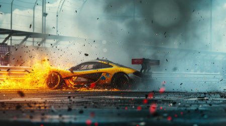 Sports car crashes on track during race, scenery of vehicle in fire, wreckage and smoke. Flame and sparks on the road. Concept of accident, speed, fast, wreck, action, background. Generative AI.の素材