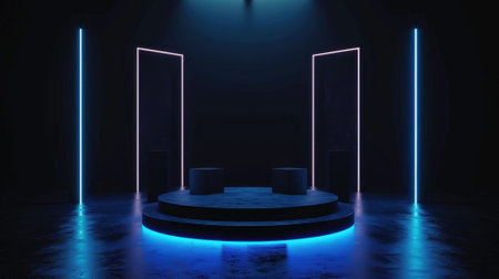 Neon stage background, empty futuristic podium with blue led lighting, interior of abstract modern dark room to show product. Concept of studio, display, stand, future, platform, hall. Generative AI.の素材