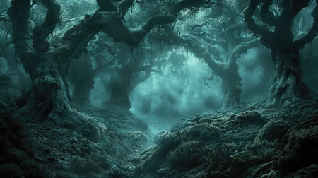 Strange dark forest background, scary crooked trees and mystic blue green light at night. Landscape of spooky fairy tale woods. Concept of fantasy, horror, gloomy nature, Halloween, mystery. Generative AI.の素材