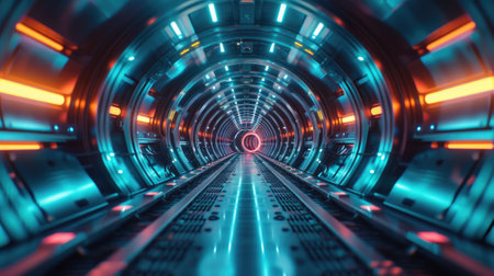 Futuristic round tunnel with metal floor and walls, abstract tech space background. Perspective of dark corridor with neon lights. Concept of cyber technology, future, transportation. Generative AIの素材