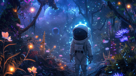 Young astronaut in fairy tale world in deep space, child in spacesuit walks in magical forest on far planet. Kid in neon garden with glowing flowers. Concept of travel, nature, adventure, art. Generative AIの素材