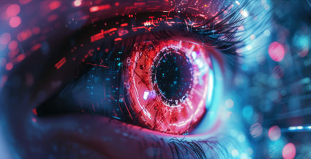 AI cyborg eye in space of digital data, abstract network information background for cyber security theme. Concept of computer technology, future, spy, hacker, hack, fraud, banner, art. Generative AI.の素材